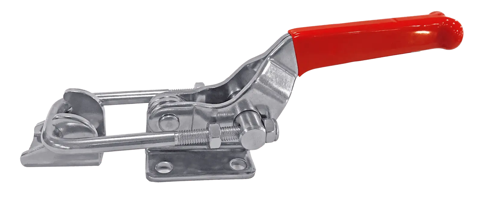 Heavy-duty toggle clamp with red handle, used for securing workpieces in manufacturing and woodworking applications. Durable industrial grade equipment for precise clamping needs.