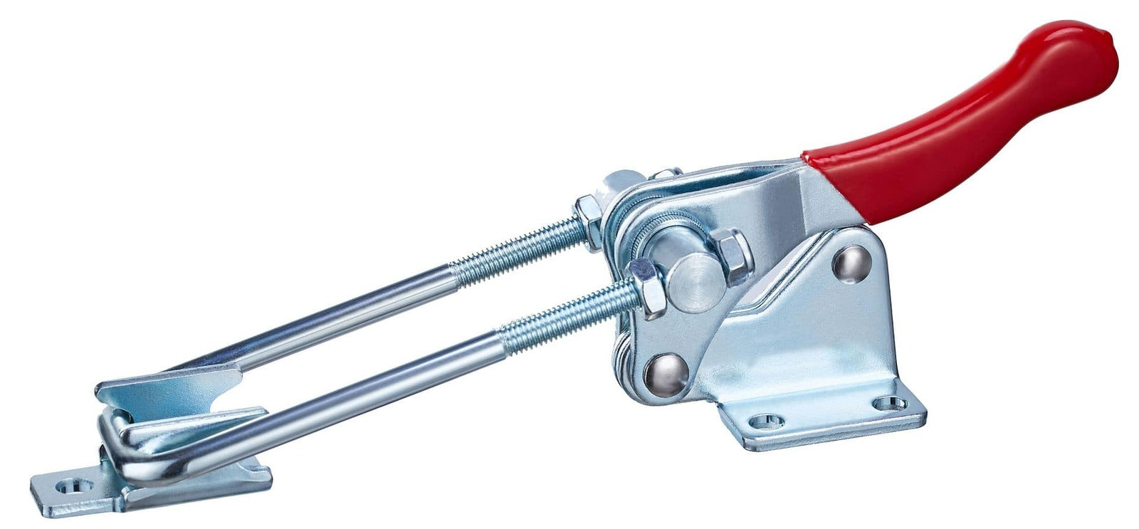 Heavy-duty toggle clamp for woodworking, metalworking, and industrial applications; features robust metal construction and a red ergonomic handle for secure grip.