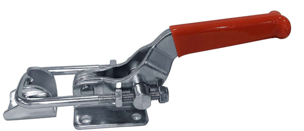 Heavy-duty toggle clamp with red handle for woodworking, metalworking, and industrial applications, ensuring secure fastening and stability during machining or assembly processes.