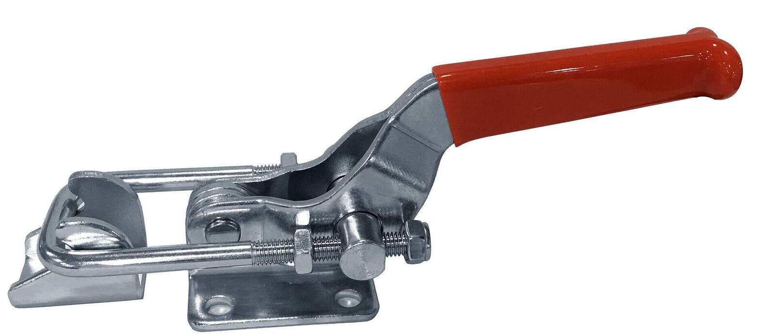 Heavy-duty toggle clamp with red handle for woodworking, metalworking, and industrial applications, ensuring secure fastening and stability during machining or assembly processes.