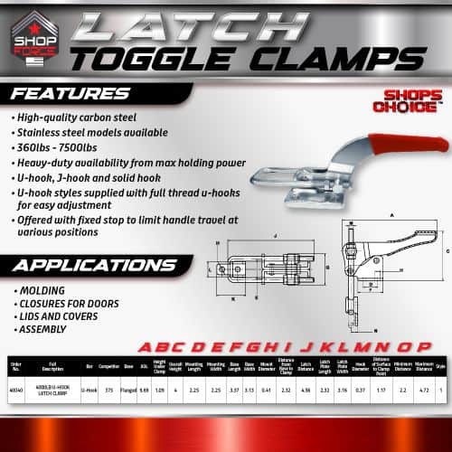 LATCH TOGGLE CLAMPS for precise hold-down applications, made of high-quality carbon steel with stainless steel models; ideal for molding, door closures, and assembly tasks.