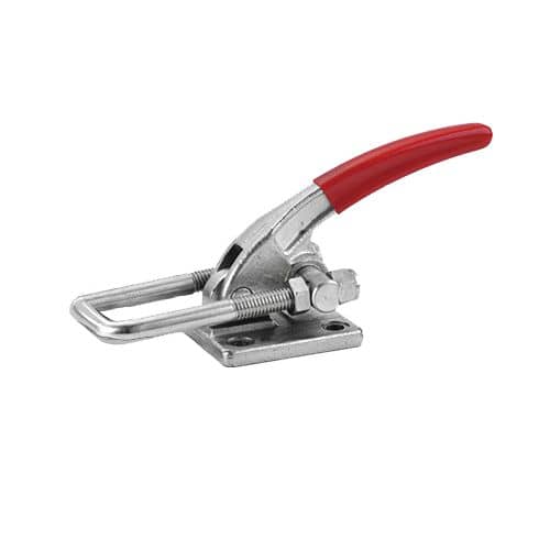 Heavy-duty pipe clamp with red handle, used for securing and fixing pipes during plumbing or construction work. Ideal for professional and DIY projects requiring strong, reliable fastening solutions.