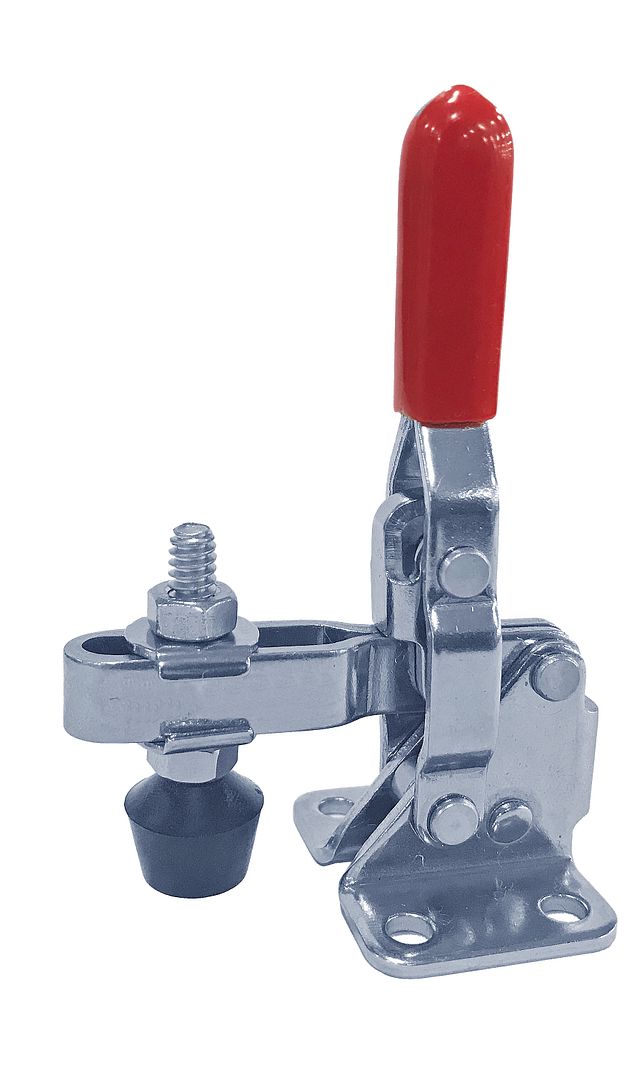 Heavy-duty toggle latch with red handle, metal construction for secure fastening applications, ideal for industrial, warehouse, and manufacturing needs. Durable and high-quality for reliable performance.