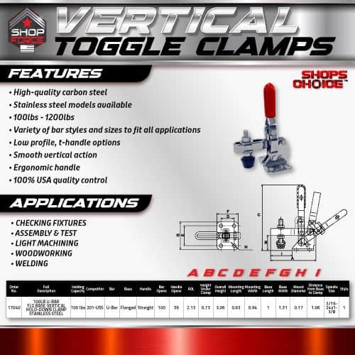 Vertical toggle clamps high-quality carbon steel with stainless steel models, ideal for woodworking, welding, and light machining applications. Designed for durability and smooth vertical operation.