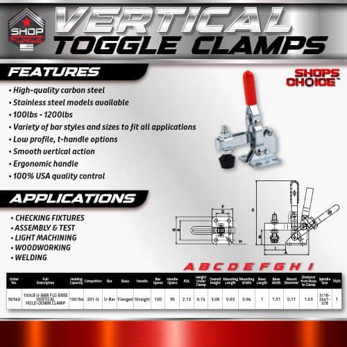 High-quality carbon steel vertical toggle clamps for woodworking, welding, and assembly applications, featuring ergonomic handles and smooth operation for secure, precise fastening.