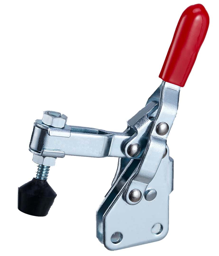 Heavy-duty toggle clamp with red handle, ideal for industrial or woodworking applications, providing secure and reliable fastening for various workshop projects.