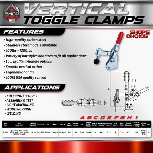 Heavy-duty vertical toggle clamps with high-quality carbon steel construction, ideal for woodworking, welding, and assembly projects. Features ergonomic handle and stainless steel options for secure fastening.