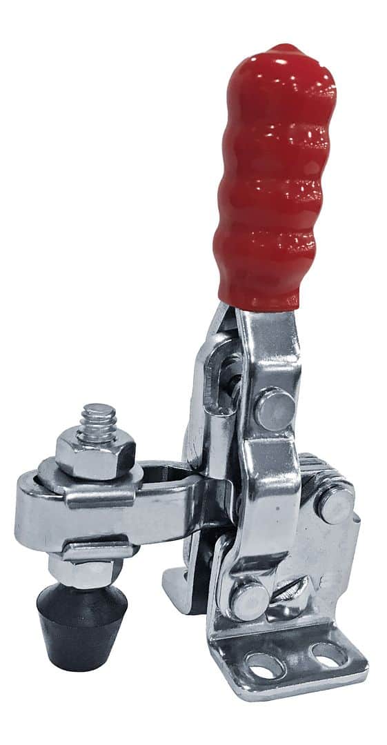 Heavy-duty load binder with red handle and metal ratchet mechanism for secure cargo strap tightening. Durable construction for transportation and logistics applications.