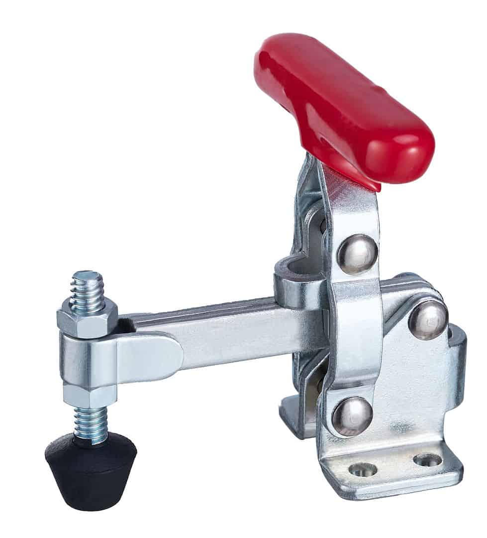 Heavy-duty bar clamp with red handle for woodworking and metalworking projects, adjustable for securing materials tightly. Durable metal construction ensures reliable performance.