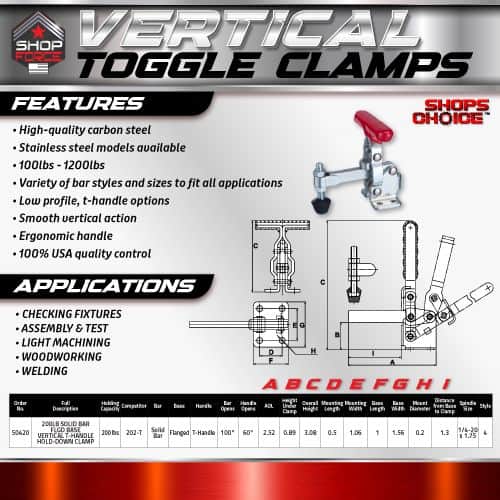 High-quality carbon steel vertical toggle clamps with ergonomic T-handle, suitable for woodworking, welding, and assembly applications, featuring low profile design and smooth vertical action.