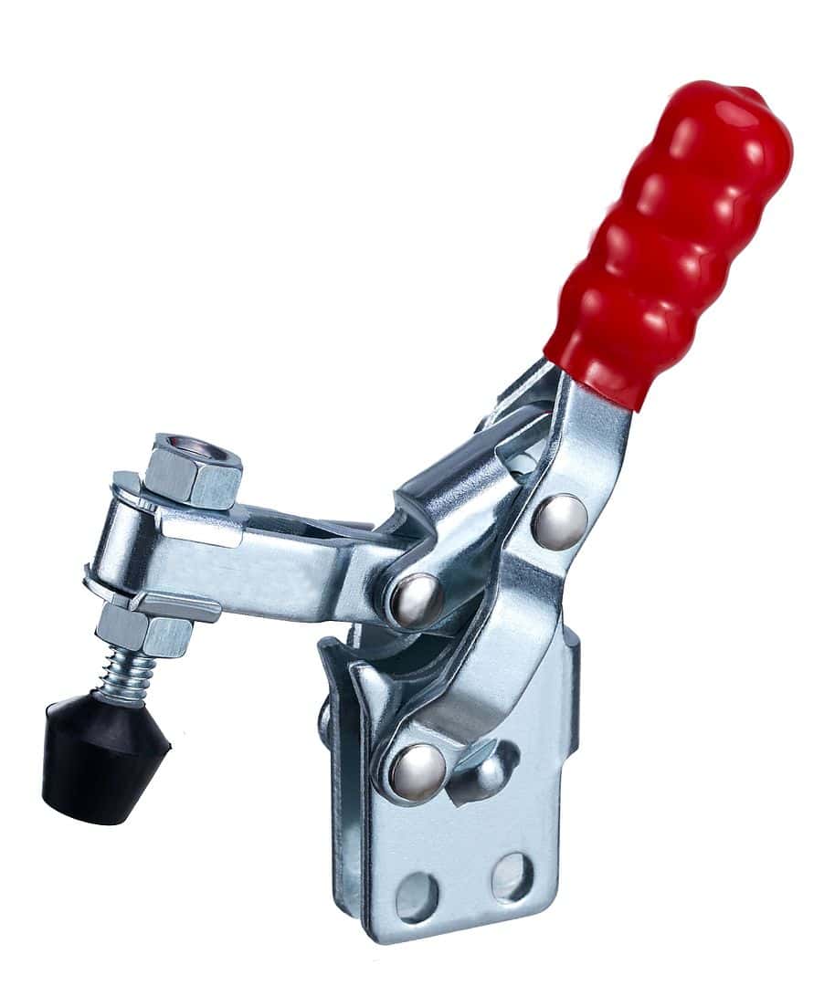 Heavy-duty clutch clamp with red rubber grip for secure holding and adjustments.