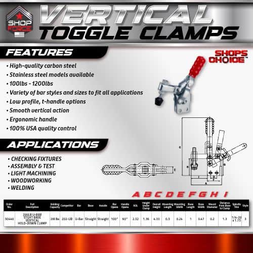 High-quality carbon steel vertical toggle clamps with ergonomic handles, stainless steel models, and low-profile options for woodworking, welding, assembly, and testing applications.