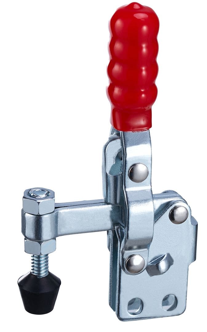 Clamp grip tool with red handle and metal construction for secure holding and fastening in woodworking or automotive applications.