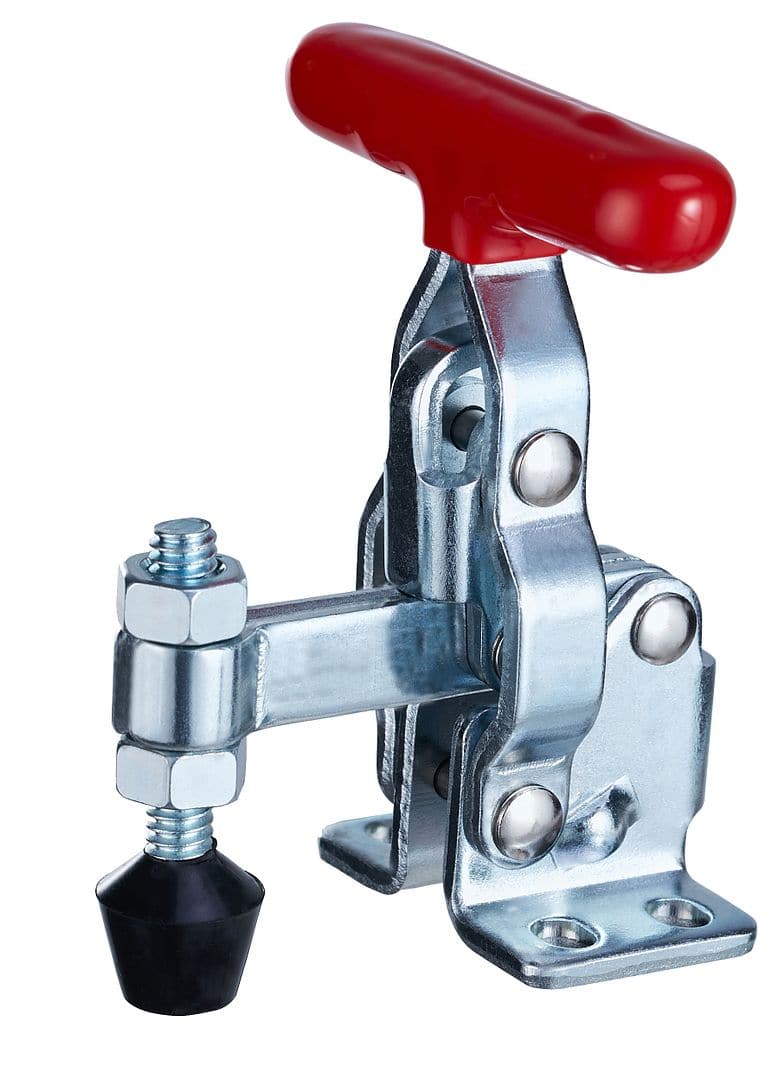 Heavy-duty industrial toggle clamp with red handle, metal construction, used for securing objects during machining or welding processes. Ideal for manufacturing, woodworking, and assembly operations.