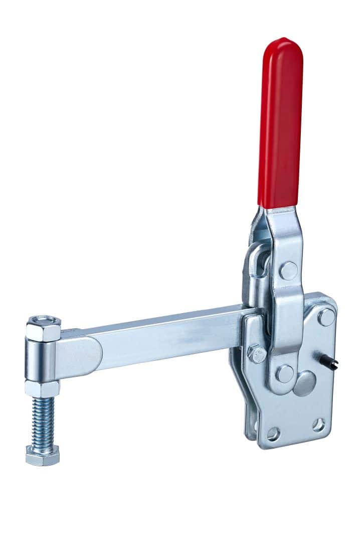 Heavy-duty toggle clamp with red handle, used for securing materials in woodworking, metalworking, and manufacturing applications. Durable metal construction for reliable performance.