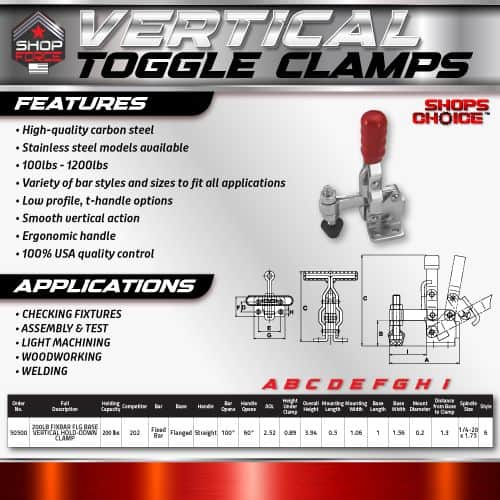 Heavy-duty vertical toggle clamps for woodworking, welding, and assembly applications, made of high-quality carbon steel with stainless steel models, featuring low profile, ergonomic handle, and smooth vertical action.