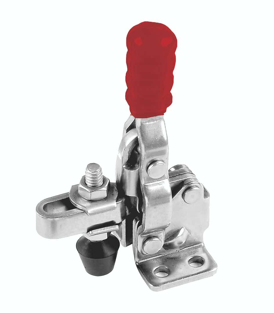 Industrial trailer articulating jack with red handle for heavy-duty trailer stabilization and leveling. Durable metallic construction suitable for various trailers and commercial setups.