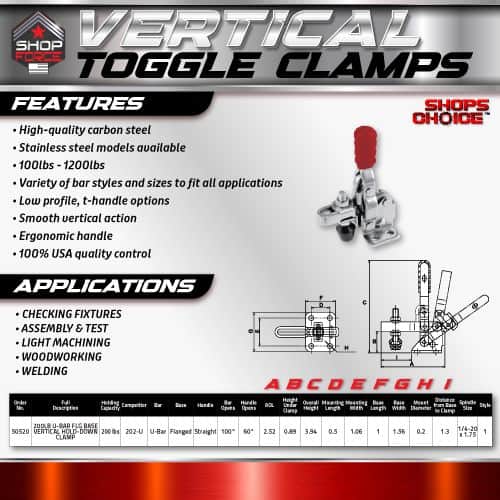 High-quality carbon steel vertical toggle clamps for woodworking, welding, and light machining applications, featuring ergonomic handles and smooth vertical action.