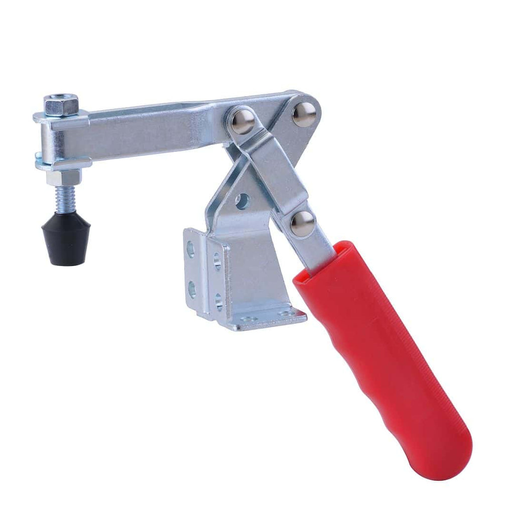 Heavy-duty metal clamp with red handle for secure fastening and industrial use, ideal for workshop, manufacturing, or construction tasks. Durable steel construction with adjustable features.