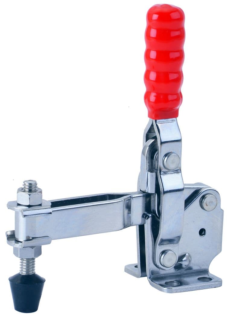 Heavy-duty door holding clamp with red ergonomic handle and steel construction, ideal for industrial and warehouse applications.