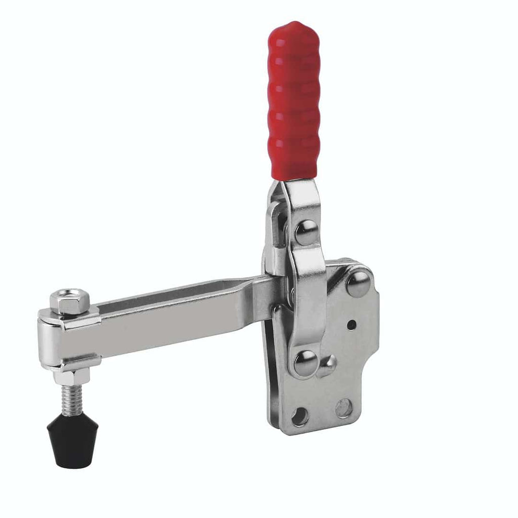 Heavy-duty clamp with adjustable arm and red handle, used for securing objects during industrial or construction tasks. Made of stainless steel for durability and strength.