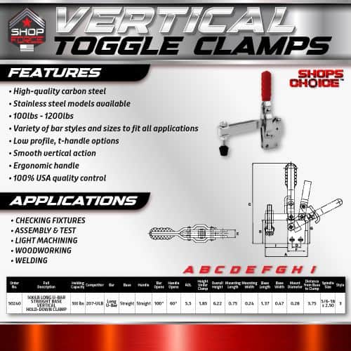 High-quality carbon steel vertical toggle clamps with stainless steel models, ideal for woodworking, welding, and assembly applications, featuring low-profile design and ergonomic handles.