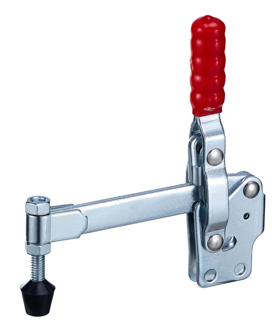Heavy-duty clamping lever with red handle, industrial-grade adjustable clamp tool for workshop and manufacturing applications.
