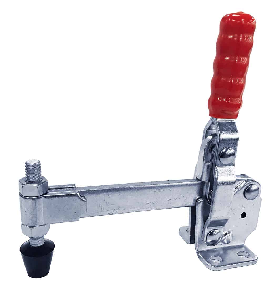 Clamp with red handle, industrial fastening tool, durable metal construction for secure grip, shop force brand, versatile fastening accessory for workshops and manufacturing.