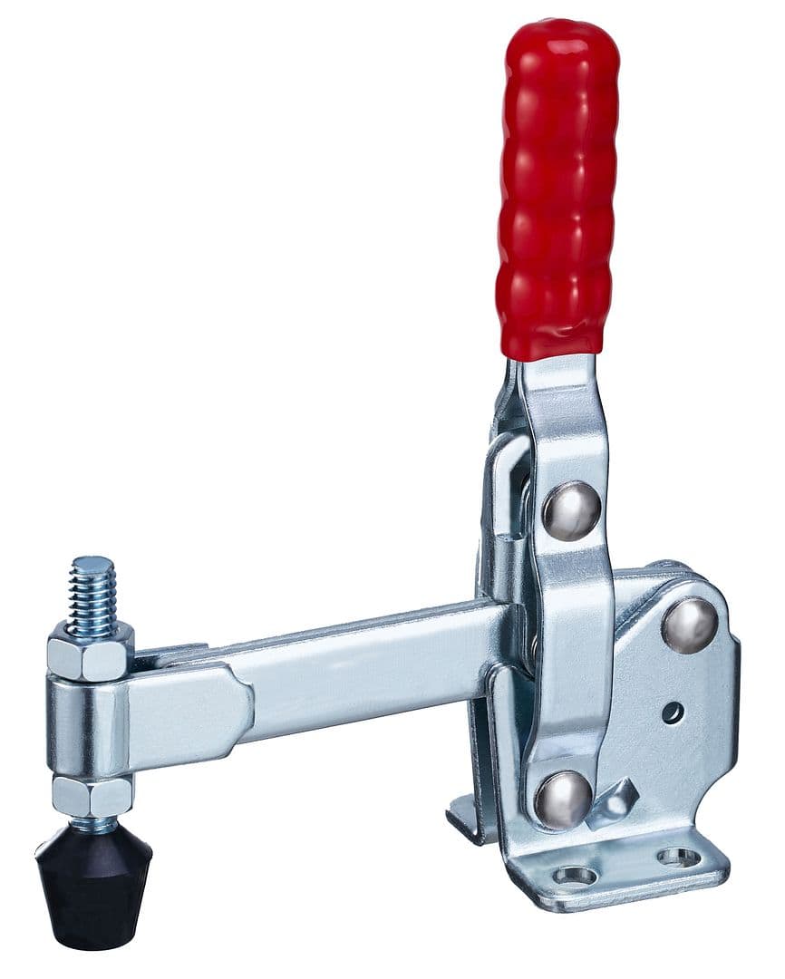Robust metal toggle clamp with red handle, used for securing workpieces in woodworking, metalworking, and industrial applications. Durable and easy to operate for reliable holding.
