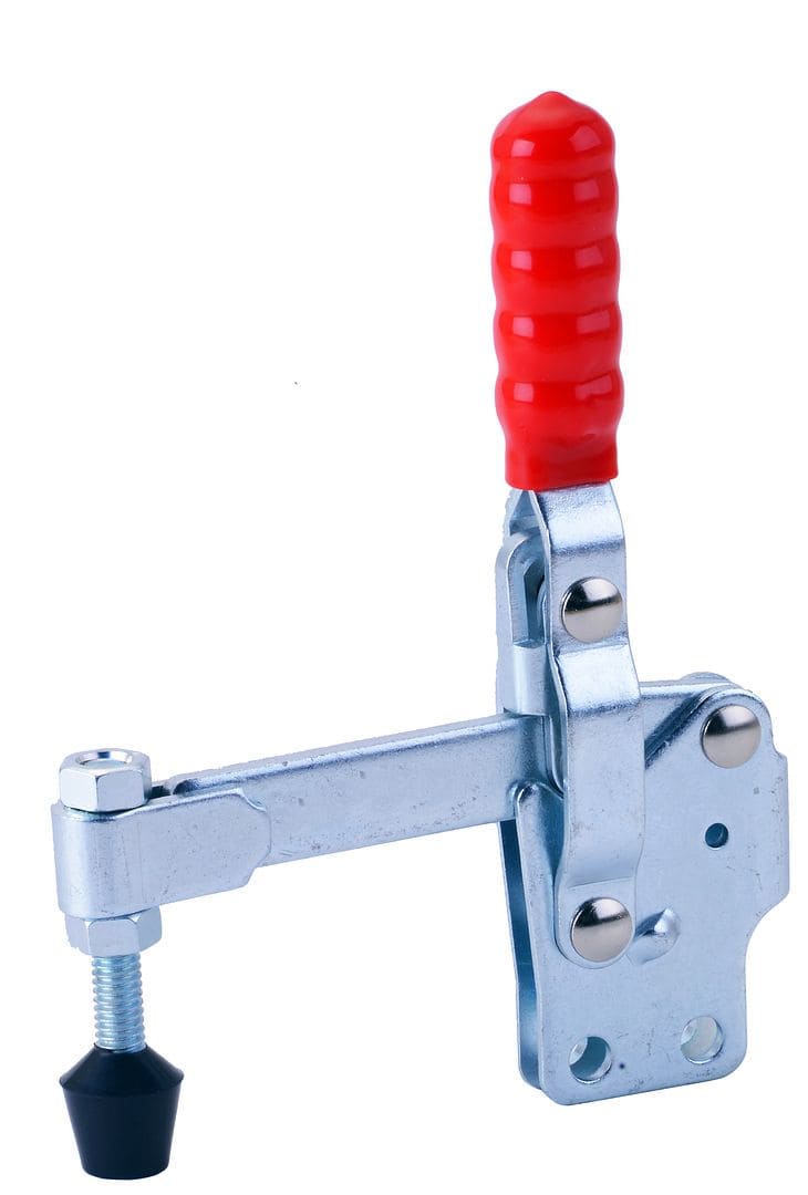 Heavy-duty clamping tool with red handle for secure grip and precise positioning, ideal for industrial and workshop applications. Made of durable metal for long-lasting use.