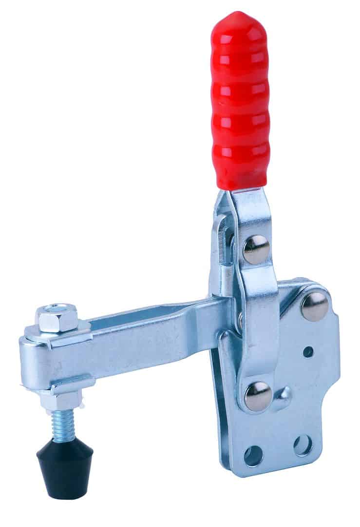 High-quality toggle clamp with red handle for secure fastening in woodworking, welding, and industrial applications, ensuring safety and precision during operations.