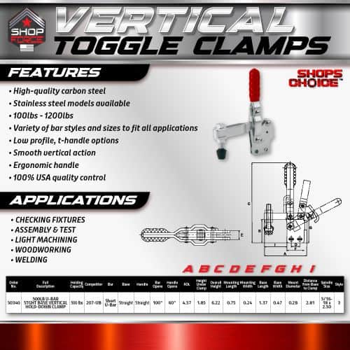 High-quality carbon steel vertical toggle clamps from Shop Force, featuring stainless steel models, low profile options, and ergonomic handles for versatile woodworking and welding applications.