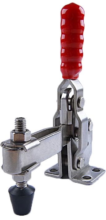 A-Frame glass clip with red rubber handle for secure holding and display of glassware or signs in retail or event settings. Heavy-duty metal construction with adjustable mechanism.