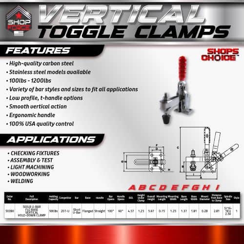 High-quality carbon steel vertical toggle clamps for industrial, woodworking, welding, and light machining applications, featuring durable stainless steel models and ergonomic low-profile handles.