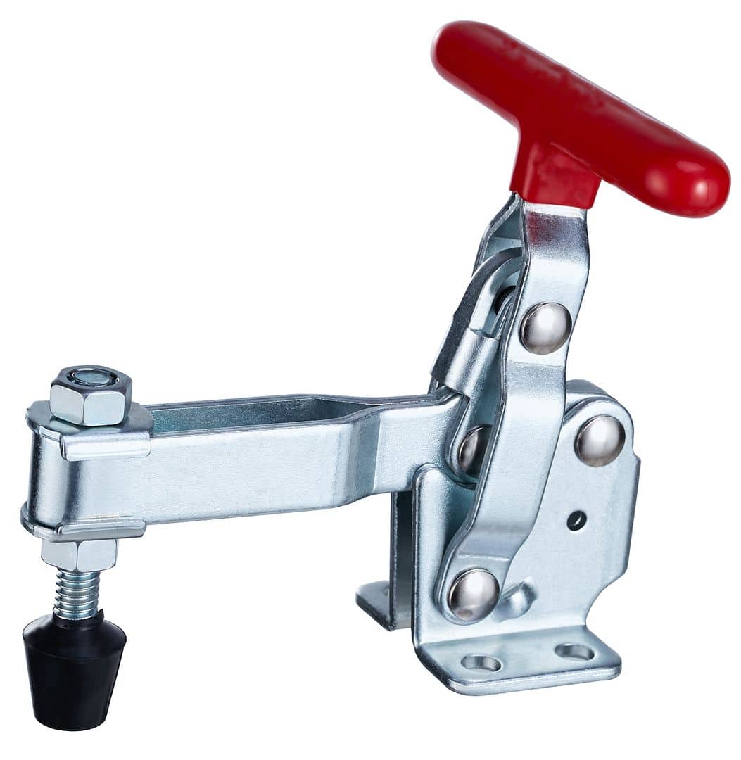 Heavy-duty trailer hitch coupler with red handle, durable metal construction, easy to operate, ideal for towing applications and secure attachment.
