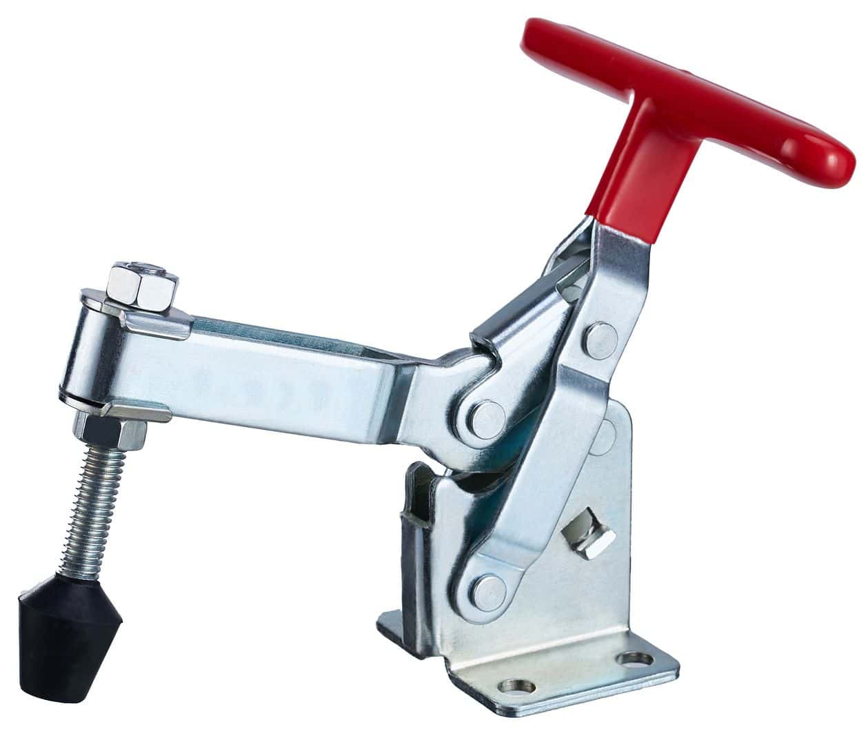 Heavy-duty metal clamp with red handle for secure industrial fastening and woodworking projects. Designed for strength and durability in professional workshop settings.