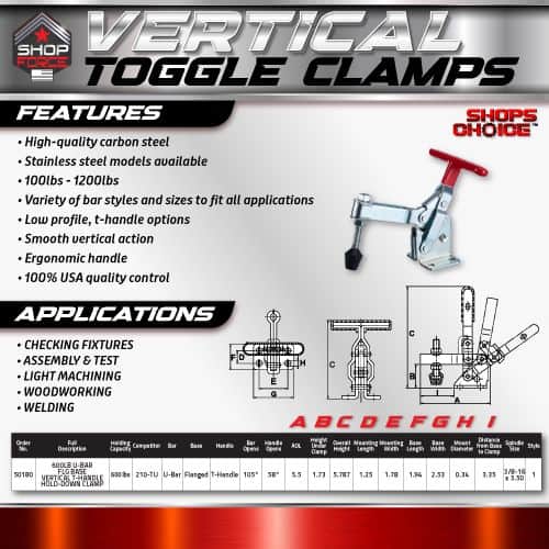 Vertical toggle clamps for secure metalworking and woodworking applications, made from high-quality carbon steel with stainless steel options, offering durability, smooth operation, and ergonomic design.