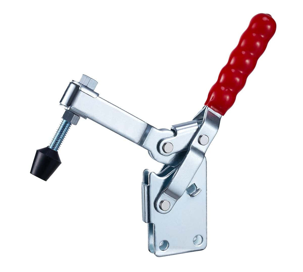 Heavy-duty toggle clamp with red ergonomic handle, used for securing workpieces in manufacturing and woodworking applications. Durable metal construction ensures reliable clamping forces.