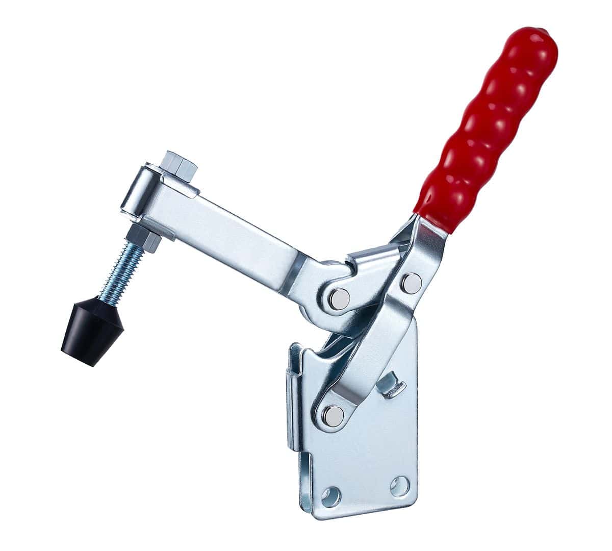 Heavy-duty toggle clamp with red ergonomic handle, used for securing workpieces in manufacturing and woodworking applications. Durable metal construction ensures reliable clamping forces.