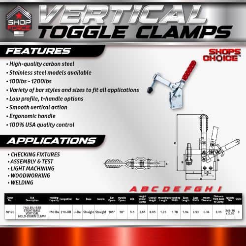 High-quality carbon steel vertical toggle clamps, durable industrial clamping tools for woodworking welding and assembly applications.