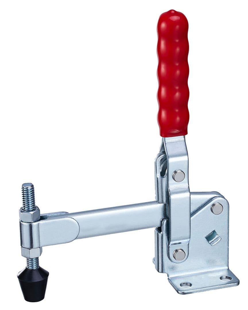 Heavy-duty metal clamp with red handle, used for securing objects in industrial and woodworking applications. Durable steel construction ensures stability and precision during work.
