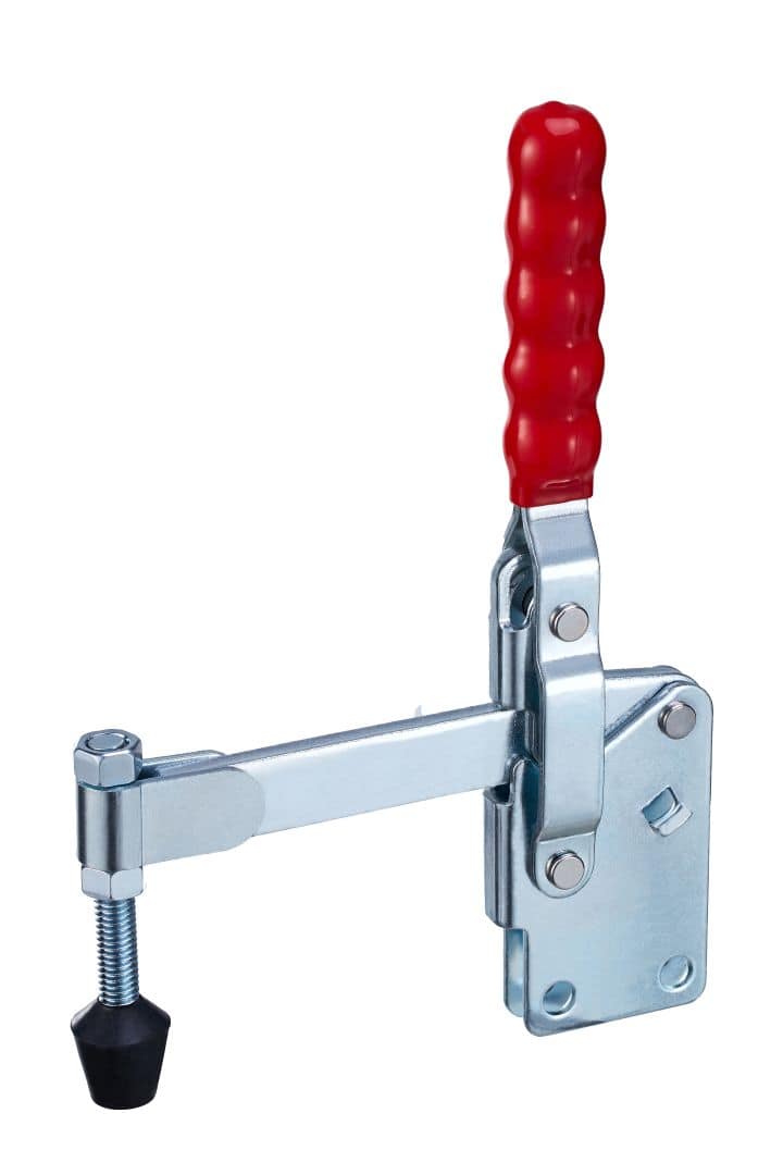 Heavy-duty toggle clamp with red handle for industrial securing applications, made of durable metal for reliable performance and safety. Suitable for woodworking, metalworking, and manufacturing projects.
