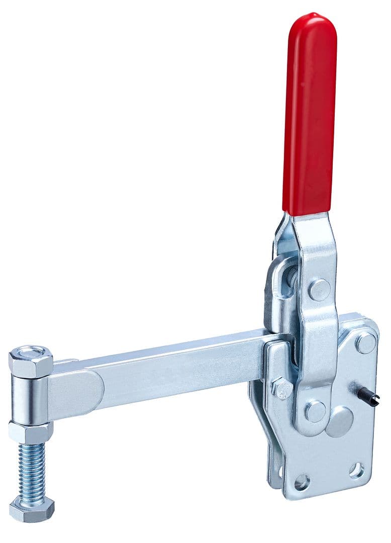 Heavy-duty toggle clamp with red handle, metal construction, designed for industrial fastening and woodworking projects. Easy to operate and secure.