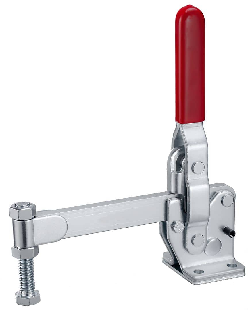 Versatile metal toggle clamp with red handle, used for woodworking and metalworking applications, ensuring secure hold during fastening or assembly processes.