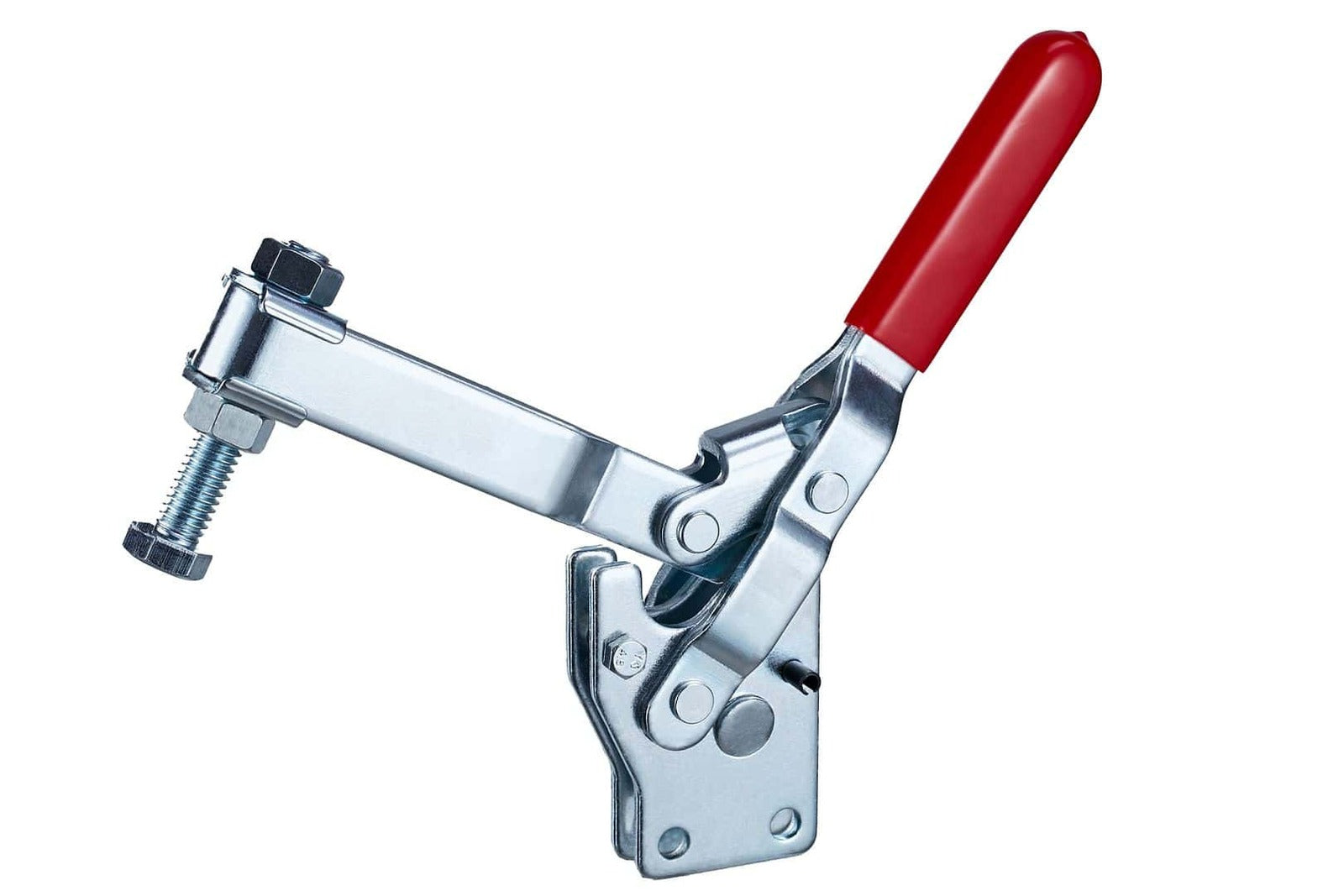 Adjustable hardware clamp with red handle, high-quality construction, used for precise material securing in construction and industrial applications.