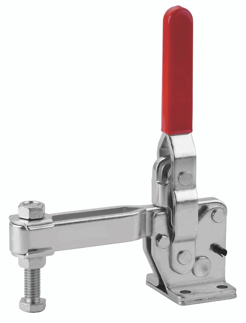 Heavy-duty clamp with red handle for secure fastening, ideal for industrial and workshop use. Made of durable steel, perfect for woodworking, metalworking, and assembly tasks.