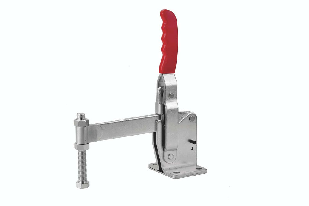 Heavy-duty stainless steel toggle clamp with red handle, ideal for industrial and woodworking projects, ensuring secure fastening and quick release. Perfect for DIY and professional use.