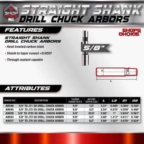 5. Durable straight shank drill chuck arbor for secure tool attachment and accurate drilling. Made from heat-treated carbon steel, compatible with 5/8" to 1/2" shank sizes.