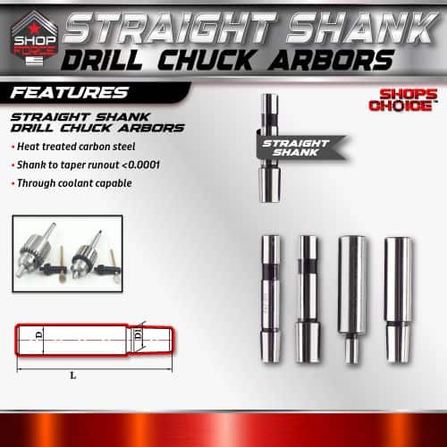 High-quality straight shank drill chuck arbors for precise drilling applications, made from heat-treated carbon steel with taper runout below 0.0001 for durability and compatibility.