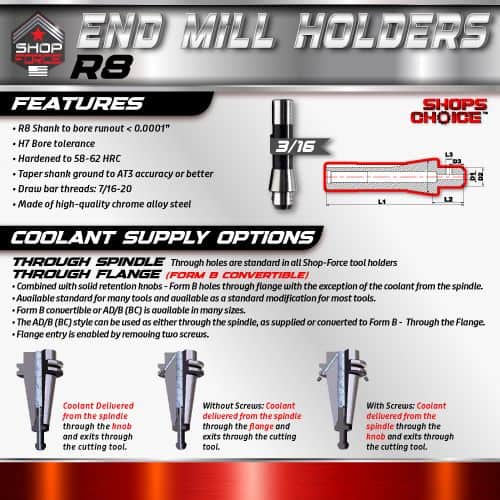 Shop force end mill holders, high-precision tools for CNC machines, durable chrome alloy steel, customizable coolant options, and through-spindle coolant compatibility for efficient machining.